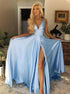 Blue Deep V Neck Satin Criss Cross Prom Dress with Slit LBQ1341